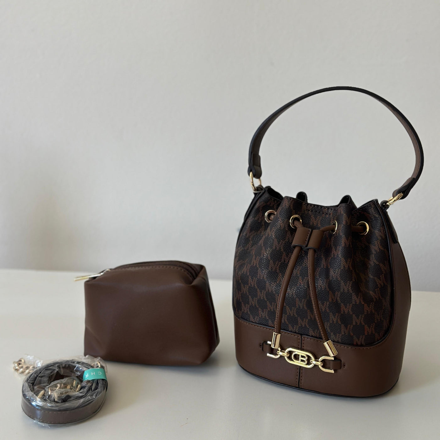 Chrisbella Classic Bucket Shoulder Bag with pouch and Long Strap